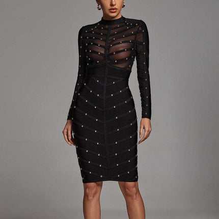 Cross-border e-commerce European and American Foreign Trade women's clothing heavy industry nailing perspective mesh long sleeve dress bandage dress hot sale