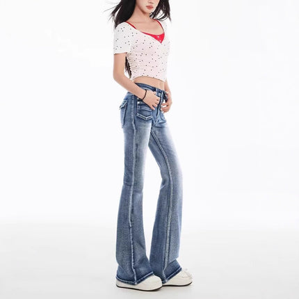 Light Blue Washed Low-Waist Flared Jeans for Women, 2025 Spring New Design, Stylish Slim-Fit Bootcut Pants