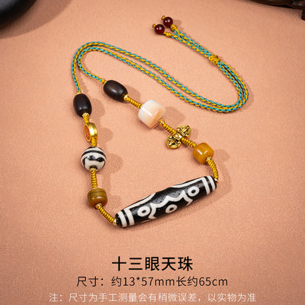 Natural Yellow Nine-Eyed Dzi Bead Necklace, Taiwanese Agate Pendant, Men's and Women's Couple's Braided Necklace, Ready for Sale
