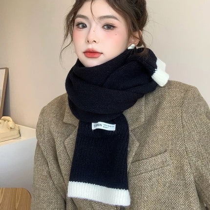 New Korean Style All-match Knitted Contrast Color Soft Waxy Scarf Women's Winter Fashion All-match Warm Student Thick Scarf Cold-proof