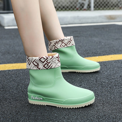 Rain Boots, Women's Mid-Calf Shoes, Adult Women's Shoes, High-Top Non-Slip Shoes, Work Rubber Shoes, Women's Waterproof Low-Heeled Shoes with Removable Cotton Lining