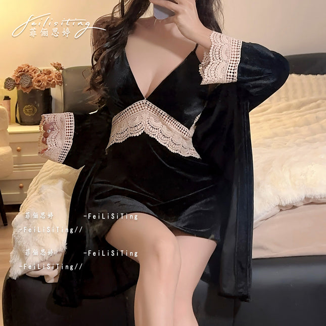 Sexy Gold Velvet Pajamas Autumn and Winter New Chest Pad Sling Nightgown suit Nightgown Lace Two-Piece Home Clothes