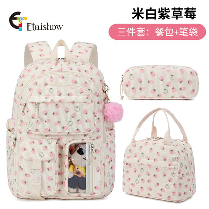 High School Ins Campus Large Capacity Three-Piece Corduroy Printed Backpack New Style Casual All-Match Backpack