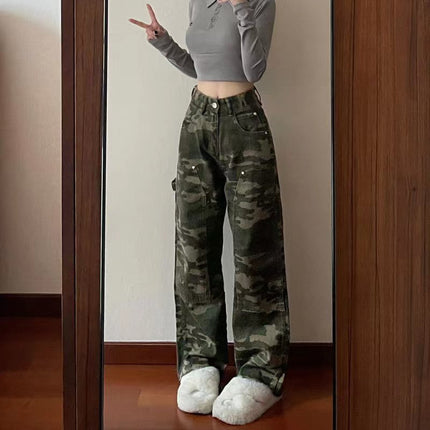 Hip Hop High Street Hiphop Tooling American Autumn and Winter Camouflage Jeans Women's Design Wide Leg Loose Straight Long Pants