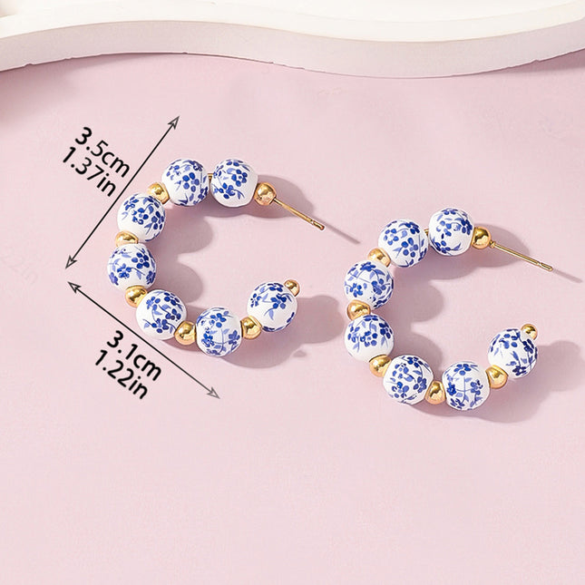 Cross-Border Hot Selling Ceramic Earrings for Women New Chinese Fashion Small Gold Bean Beads Blue and White Porcelain Semi-Circle Earrings Wholesale Supply