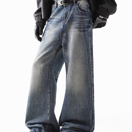 American Style Retro Old Washed Jeans Men's cleanfit Puppies Handsome Lightning Pattern Micro Straight Tube High Street Pants