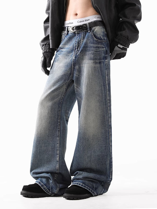 American Style Retro Old Washed Jeans Men's cleanfit Puppies Handsome Lightning Pattern Micro Straight Tube High Street Pants