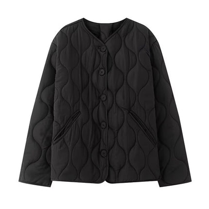 European and American Style Cross-Border Export Women's 2025 Fashionable Autumn and Winter Simple and Versatile Round Neck Long-Sleeved Cotton Jacket Quilted Cotton Jacket