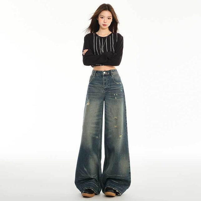 American Design Ripped Jeans for Women 2025 Summer Straight Pants High Waist Slim Floor-Length Wide Leg Long Pants