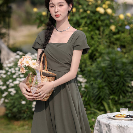 Summer New Style Gray-Green Slimming French Dress Women's Square Neck Waist Long Skirt Monet Garden
