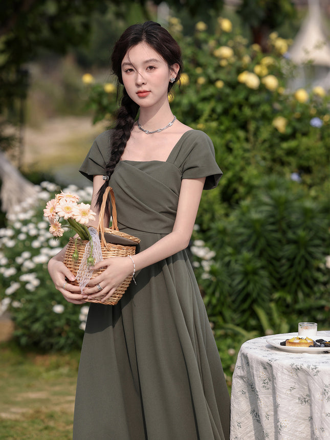 Summer New Style Gray-Green Slimming French Dress Women's Square Neck Waist Long Skirt Monet Garden