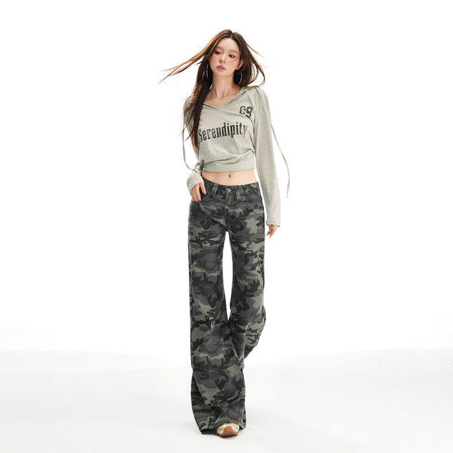 American-Style Spicy Girl Autumn New Flared Jeans for Women with a Unique Design, Camouflage High-Waisted Loose Fit, Slimming and Drapey Bootcut Pants