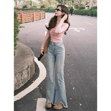 Spring 2025 American-style Stretch Rag Micro-flared Jeans Women's New Style Small Design High Waist Horseshoe Pants