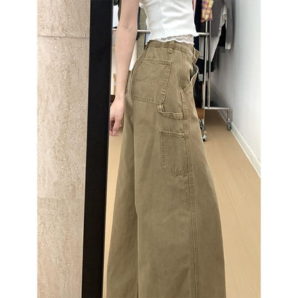 Khaki Drapey Wide-Leg Jeans Fashionable New Women's 2025 Straight Versatile Petite Floor-Length Pants Summer
