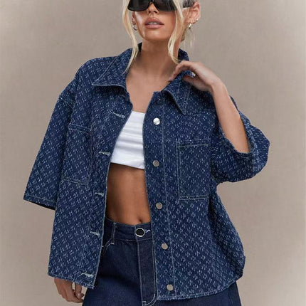 European and American Cross-Border 2025 New High-Waisted Hook Pattern Denim Shorts for Women Summer Hottie Loose Straight Wide-Leg Jeans for Women