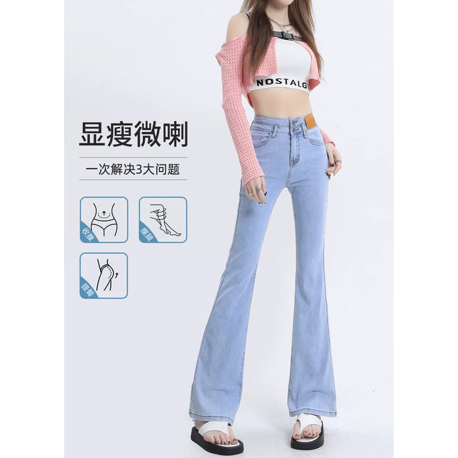 Women's Summer Thin Flared Jeans 2026 New High-Waisted Slim-Fit Stretchy Light-Colored Bell-Bottom Pants for Pear-Shaped Body