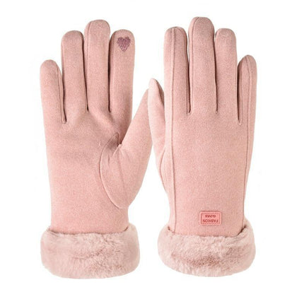 2025 Wholesale Cute Fur Touch Screen Warm Gloves Suede Women's Winter Plus Velvet Thickened Cycling Finger Gloves