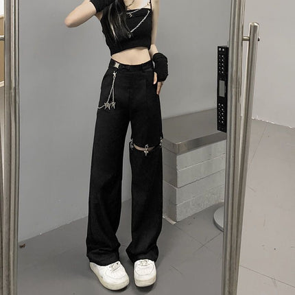 New Design Detachable Ripped Casual Pants for Women Summer Hollow Casual Suit Pants High Waist Slim Long Pants