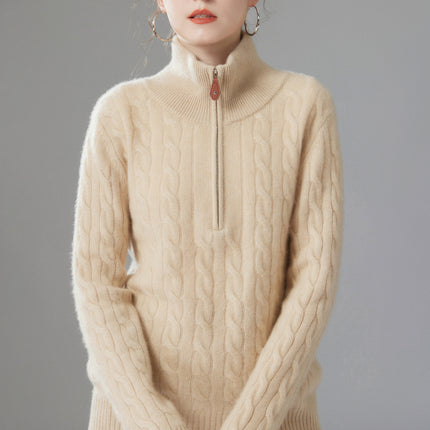 Autumn and Winter New Cashmere Sweater for Women, Loose Slimming Half-Zip Crew Neck Cable Knit Thick Sweater Trendy