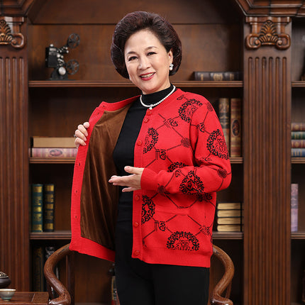 Autumn and Winter Thickened Middle-aged and Elderly Sweater Wool Pure Face Solid Color Jacket Cardigan Elderly Couple Dress Red Festive Parents