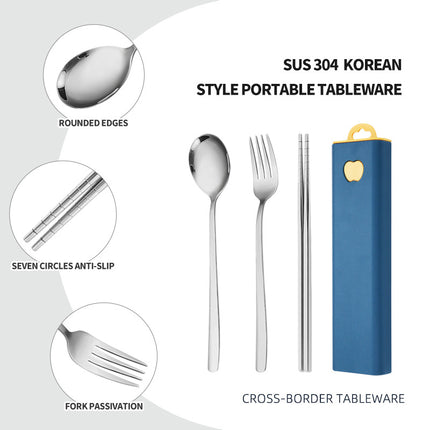 304 Stainless Steel Convenient Tableware Fork, Spoon and Chopsticks Three-Piece Set Outdoor Travel Student Storage Box Tableware Set