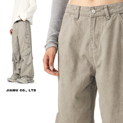 JIAMU Autumn and Winter American Style High Street Vintage Unisex Multi-Pocket Casual Overalls vintage Men's and Women's Loose Wide Legs