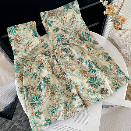 Real Shot Green Floral Wide Leg Pants Women's Summer 2025 New Seaside Vacation Cotton Linen Loose Lace-up Pants