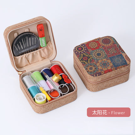 Retro Style Imitation Pu Leather Square Sewing Box Household Sewing and Mending Needle and Thread Set Portable Daily Essential Sewing Kit