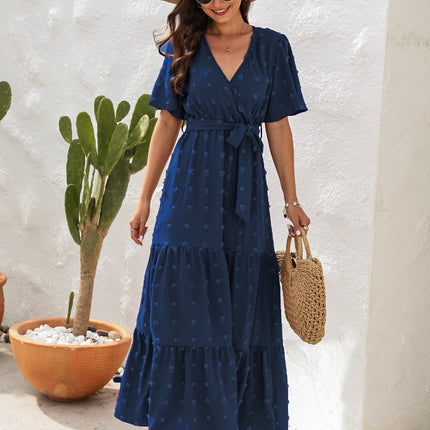 Cross-Border V-Neck High-Waist Strappy Dress Fur Ball Long Short-Sleeved Dress Vacation Travel Dress