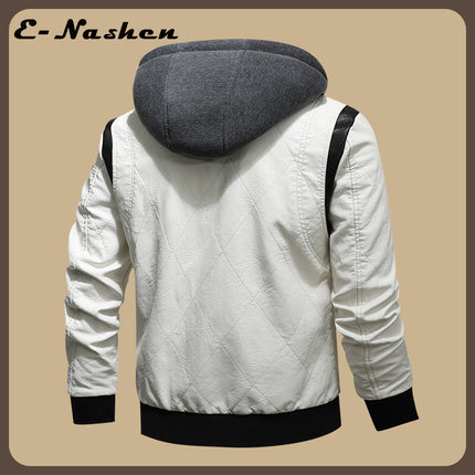 European and American Men's Leather Jacket New Style Stand Collar Removable Hooded Motorcycle Leather Jacket Fashionable Black and White Color Matching Large Size Men's Clothing