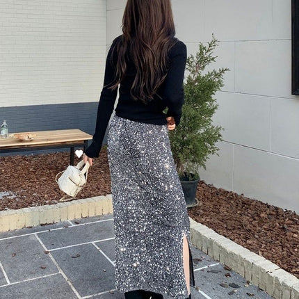 plus size Glittering Sequins Rear Split Skirt Women's High Waist Slimming Autumn and Winter Straight Skirt Small Skirt chubby girl