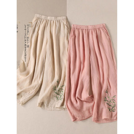 Southeast Asia Cross-Border Spring and Autumn Large Size Loose-Fitting Casual Slimming High-Waisted Cotton and Linen Embroidered Wide-Leg Pants