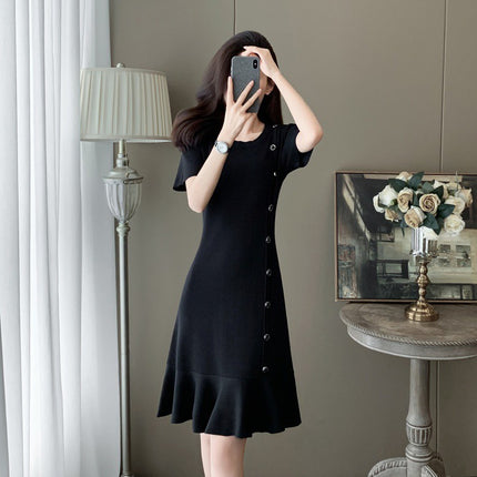 Cross-border French Style Retro Hepburn Style Black dress Women's Gentle and Elegant Summer New Style Elegant Slim-fit Knitted Dress