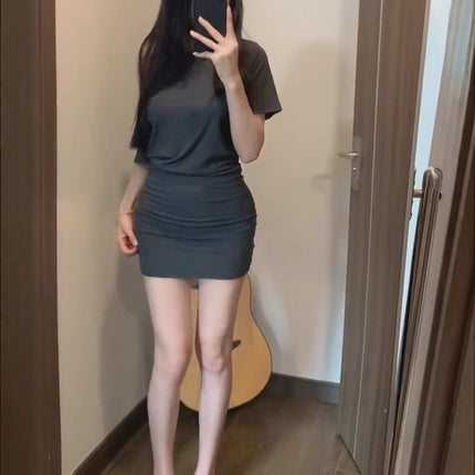 Charcoal Gray Slanted Shoulder Short-Sleeved Hip-Hugging Skirt Summer New Pure Desire One-Shoulder Sexy Off-Shoulder Slimming Waist Dress