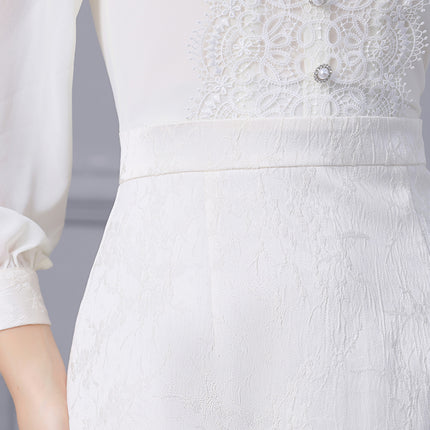 Elegant and Noble Women's Dress with Smart Collar, Pearl Decoration, Long Sleeves, Slimming Effect, New 2026 Spring Collection