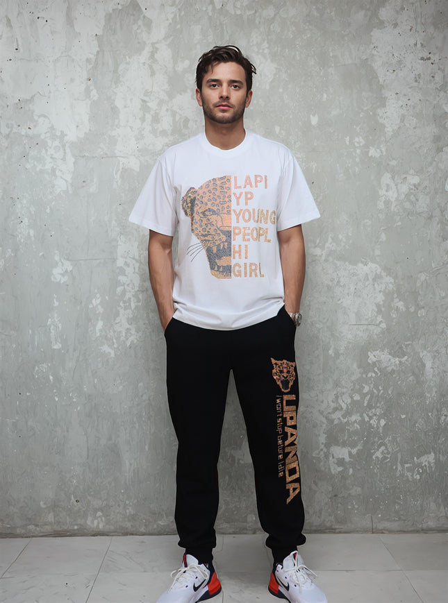 340kg fat plus size American tide brand hot drilling letters Leopard head personality short sleeve T-shirt pants pants suit