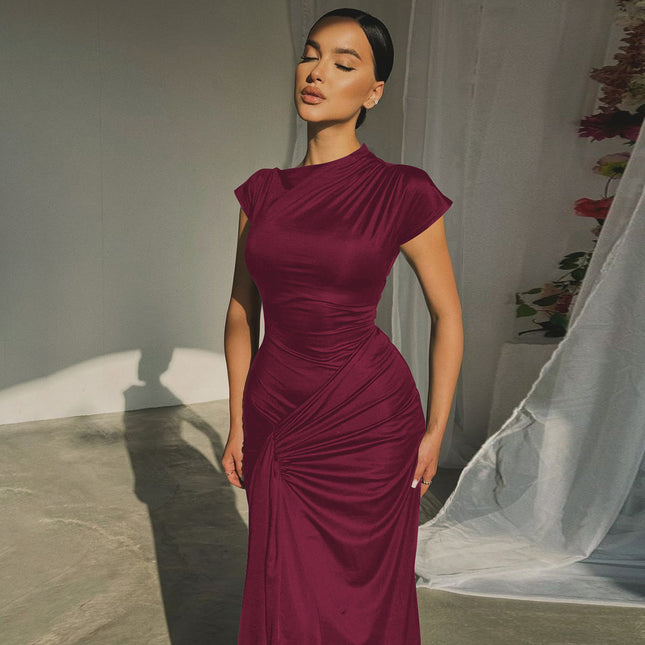 European and American Style Export New Women's Pure Color Short-Sleeved Pleated Back Lace-Up High-End Waist Slimming Sexy Dress