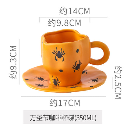 Creative Halloween-Themed Ceramic Cup and Saucer, Irregular Personalized Coffee Cup and Saucer with Pumpkin and Bat Patterns