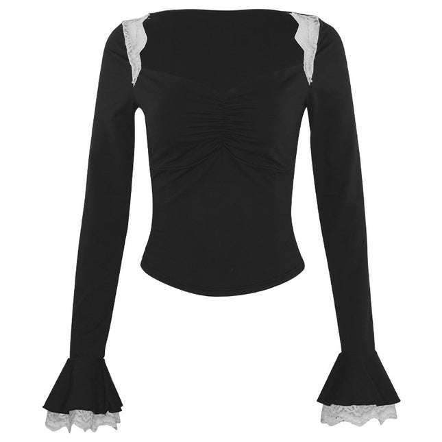 L138TP Solid Color Lace Stitching Long-sleeved French Elegant Slim-fit Short T-shirt Lotus-sleeved 2024 Autumn Women's Top