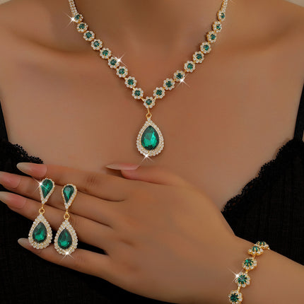 Cross-border Jewelry Explosions Necklace Earrings Bracelet Three-piece Set Full Diamond Flower Bride Jewelry suit Dress Accessories Women