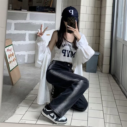 High Waist Gradient Color Jeans Women's New Straight Wide Leg Loose Contrast Color Mop Design Long Trendy Retro Trendy Pants