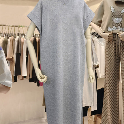 plus size Short-sleeved Cotton Mid-length Dress Women's 2025 Summer New All-match Loose Long Dress Flying Sleeve Split dress