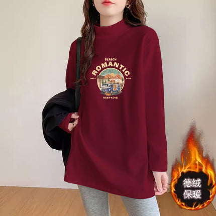 Women's Fleece Base Shirt with Shark Pants Autumn and Winter Design Sense Loose White Half-high Collar Long-sleeved T-shirt