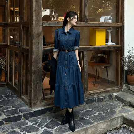 Vintage Elegant Denim Shirt dress Women's Tight Waist Slimming Long Dress Early Autumn New Arrival Light Luxury Women's Clothing