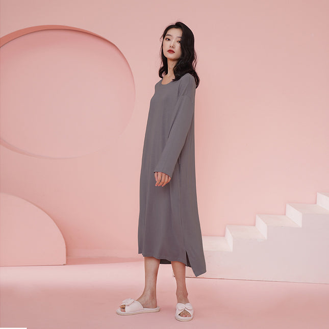 Modal Nightgown for Women, Long-Sleeved, Long Style, High-End, Solid Color, Large Size, Can Be Worn Outside, Spring and Summer, with Breast Pads, Nightgown Dress