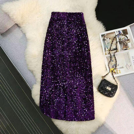 plus size Glittering Sequins Rear Split Skirt Women's High Waist Slimming Autumn and Winter Straight Skirt Small Skirt chubby girl