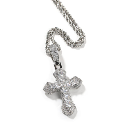 European and American Hip Hop Cross Pendant Jewelry Necklace Large Copper Set Purple Zircon Light Luxury Sweater Necklace Wholesale