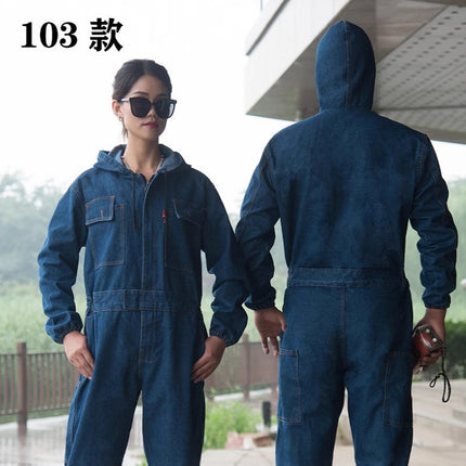Denim Reflective One-Piece Workwear Suit for Men, Welder, Spray Painter, Auto Mechanic Workwear, Long-Sleeved Labor Protection Clothing