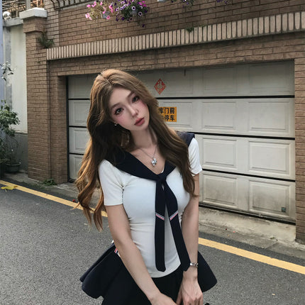 College Style Sexy Suit for Women Summer New T-Shirt Top Pleated Skirt Two-Piece Set for Small People