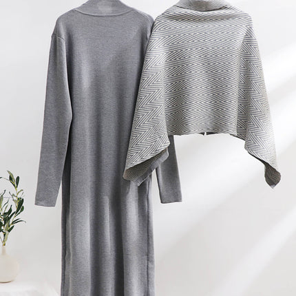Cross-Border Women's Fashion Elegant Long-Sleeved Dress Autumn and Winter Set Women's Knitted Long Skirt Slimming Shawl Two-Piece Set
